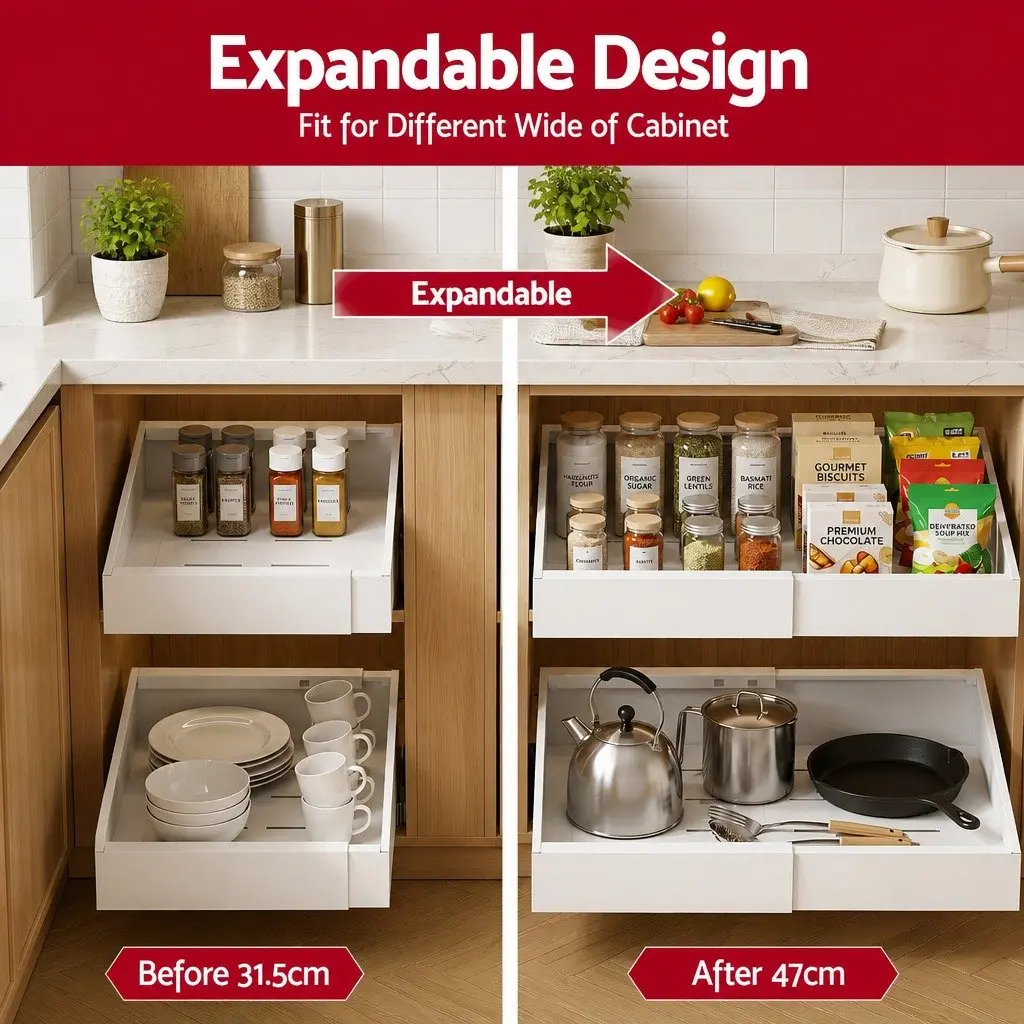 Pull Out Drawers Steel 31.5-47cm White 2 Pack Modern Storage Organizer