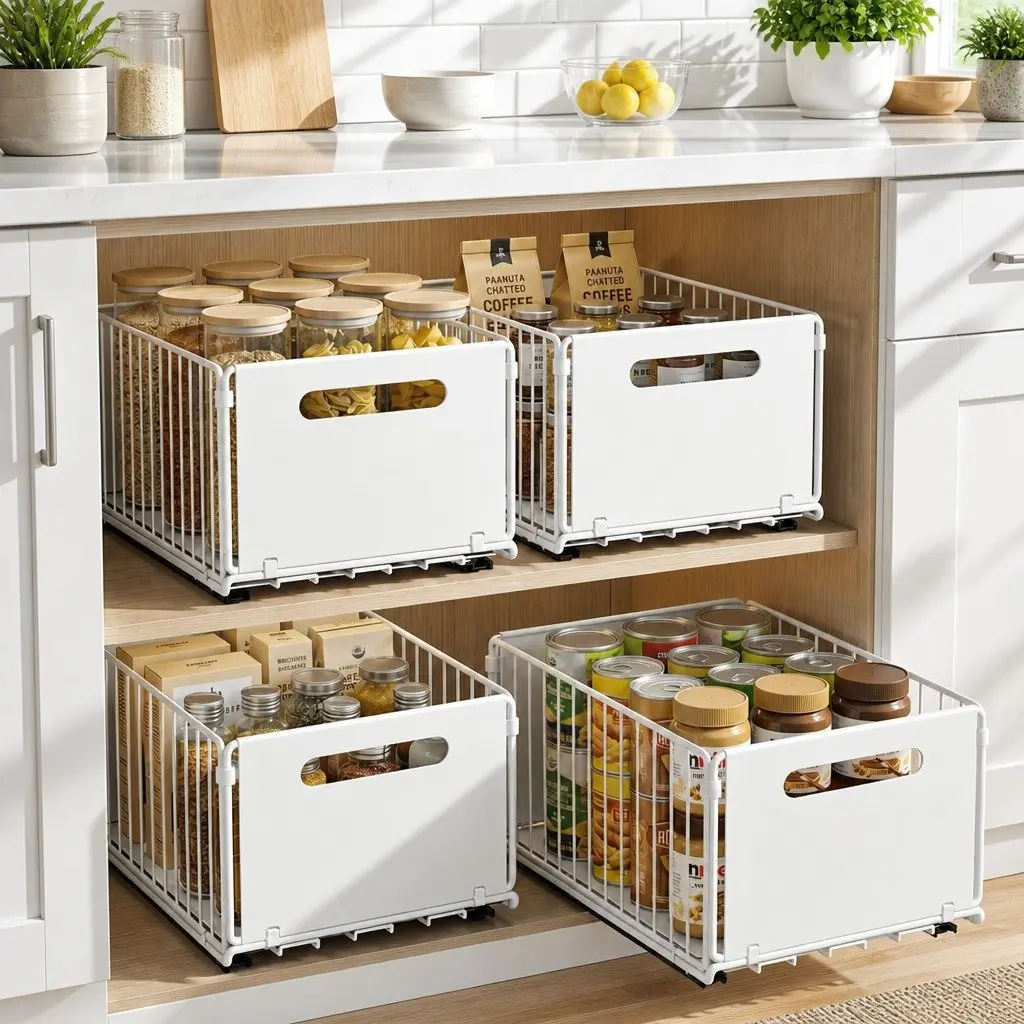 4 Pack White Pull Out Kitchen Drawers for Cabinets