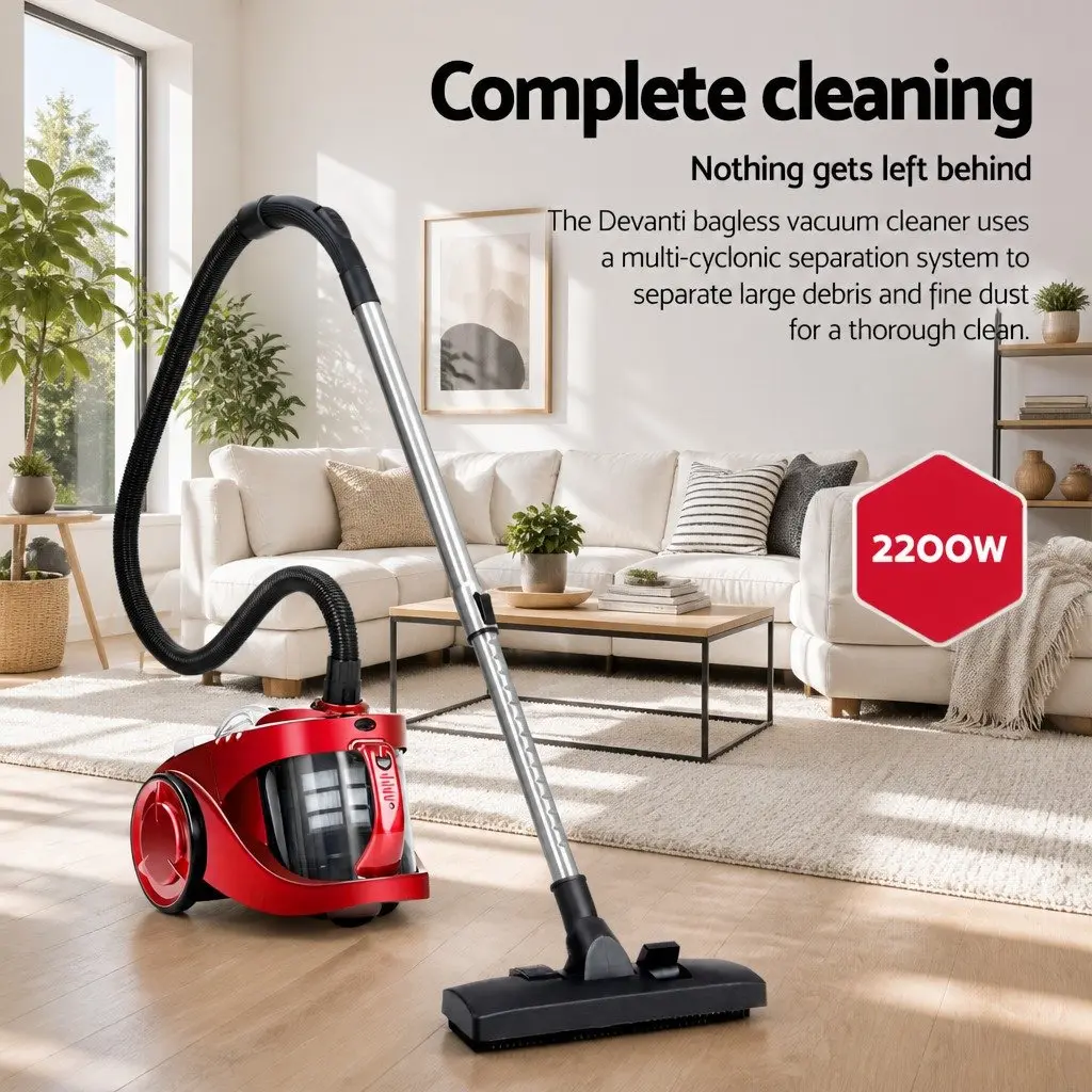 Stick Vacuum Cleaner Bagless 2200W Red HEPA Filter Multi-Cyclonic System