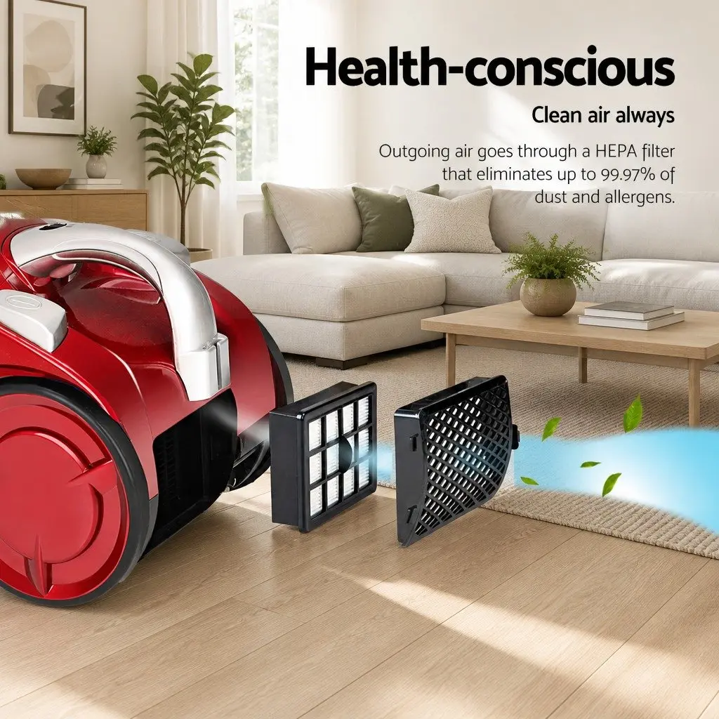 Stick Vacuum Cleaner Bagless 2200W Red HEPA Filter Multi-Cyclonic System