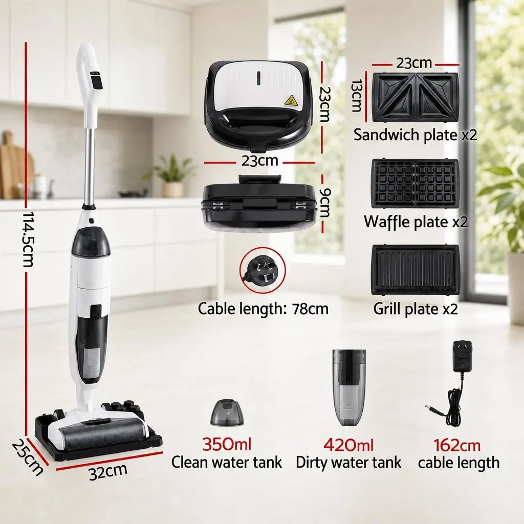 Cordless Wet Dry Vacuum Cleaner and 3-in-1 Sandwich Waffle Maker Combo White Black
