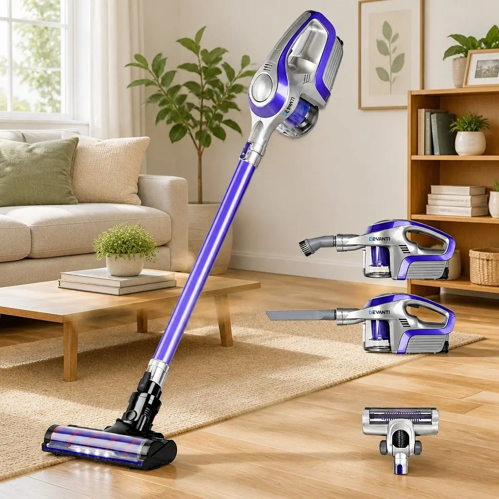 Cordless Stick Vacuum Cleaner Motorised Roller Head HEPA Filter 150W Purple Grey