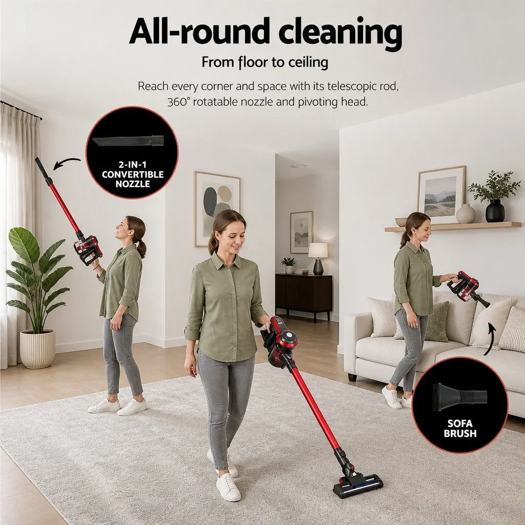 Stick Vacuum Cleaner Lightweight Red Brushless 250W with HEPA Filter