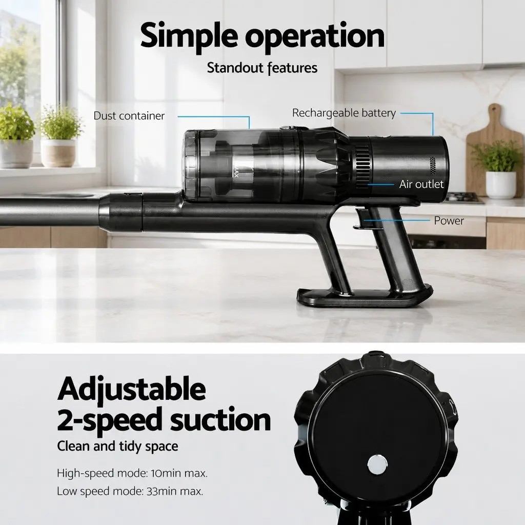 Cordless Stick Vacuum Cleaner Grey 350W Brushless Motor Lightweight Handheld Hard Floor Cleaning