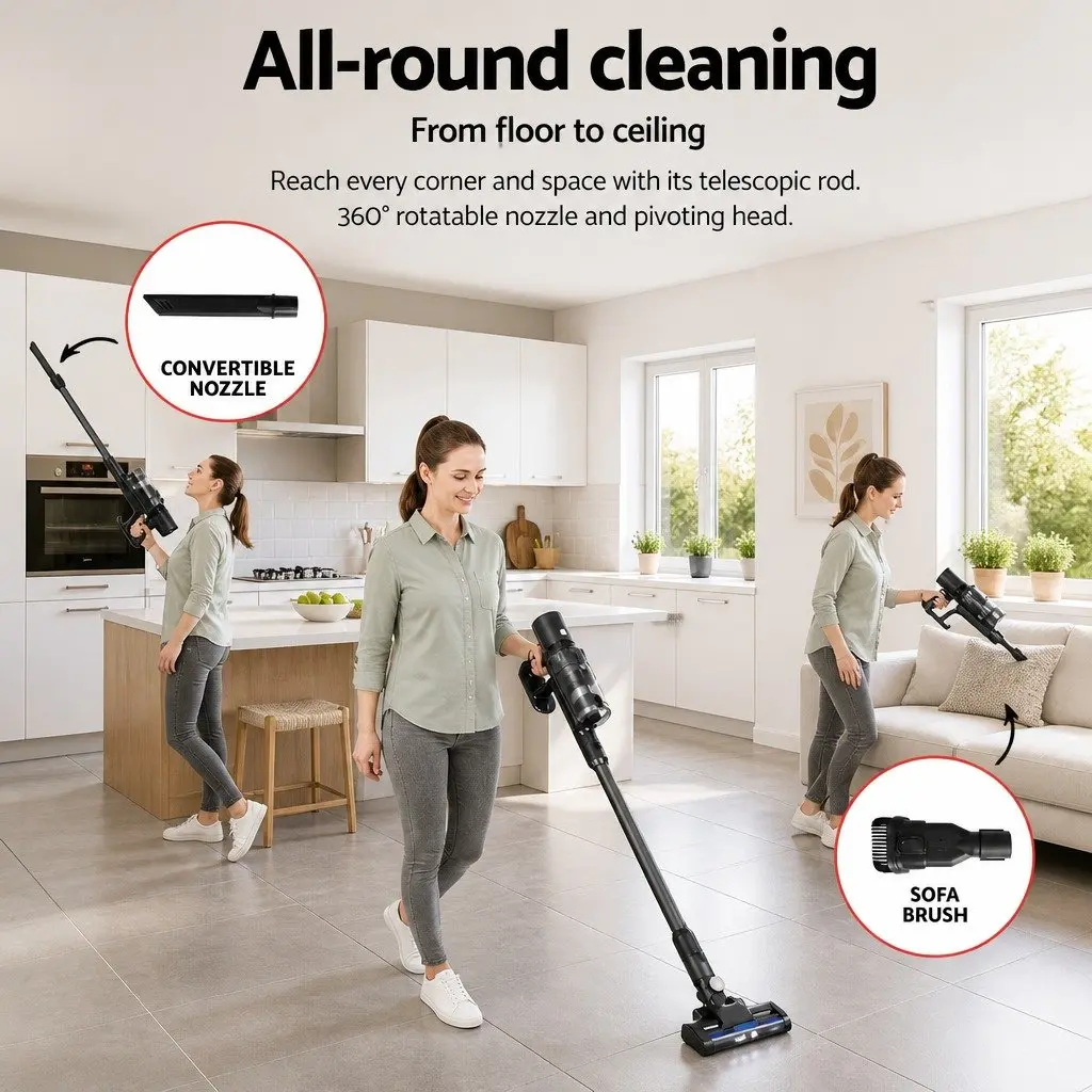 Cordless Stick Vacuum Cleaner Grey 350W Brushless Motor Lightweight Handheld Hard Floor Cleaning