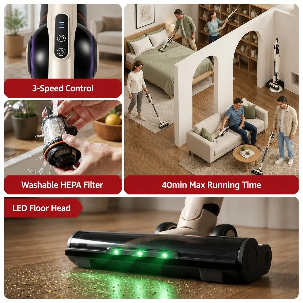 Cordless Vacuum Cleaner HEPA Filter 18kPa Suction Brown