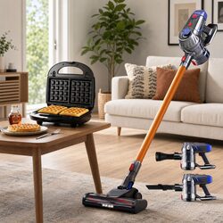 Cordless Stick Vacuum Cleaner and 3-in-1 Sandwich Maker Combo Gold Silver Black