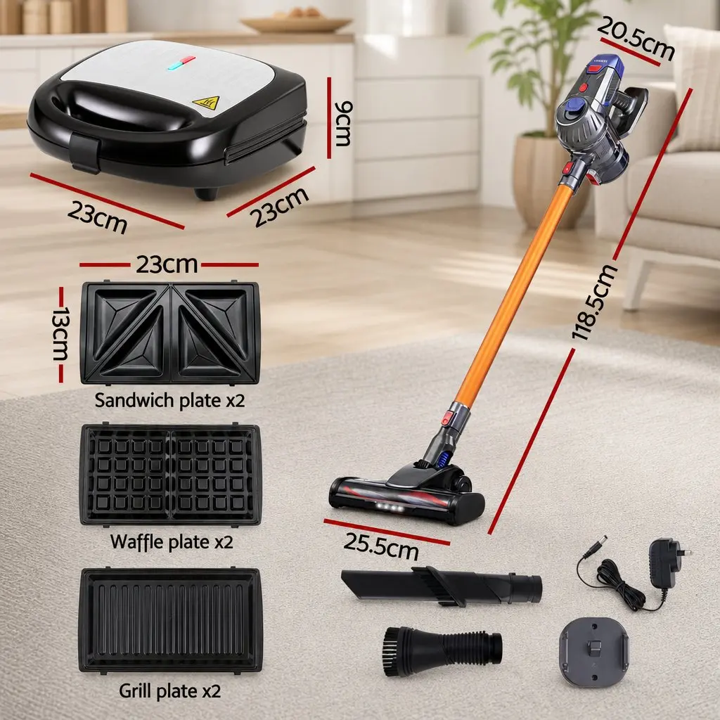 Cordless Stick Vacuum Cleaner HEPA Filter 10000Pa Gold Silver Black 3-in-1 Sandwich Maker 850W Non-Stick Plates