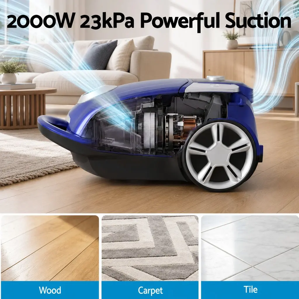 Canister Vacuum Cleaner with Powerful Suction in Blue