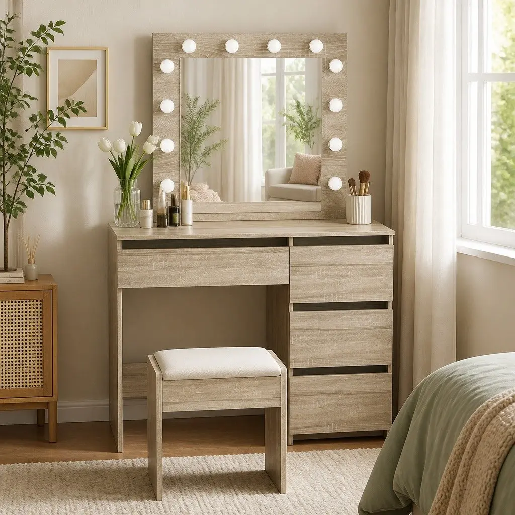 Dressing Table Vanity Set MDF Oak 94cm x 43cm x 140cm with LED Mirror and Stool
