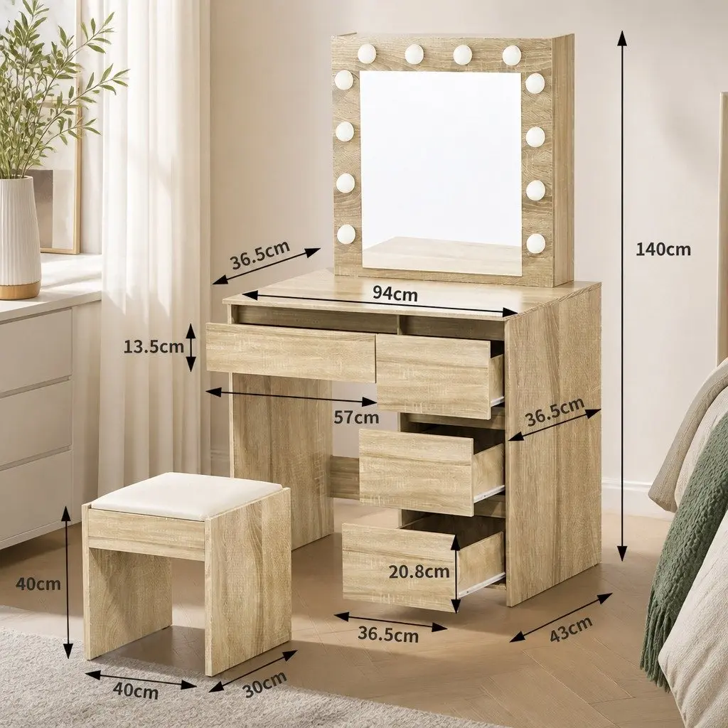 Dressing Table Vanity Set MDF Oak 94cm x 43cm x 140cm with LED Mirror and Stool