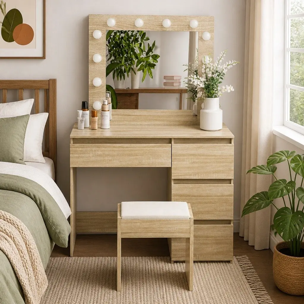 Dressing Table Vanity Set MDF Oak 94cm x 43cm x 140cm with LED Mirror and Stool