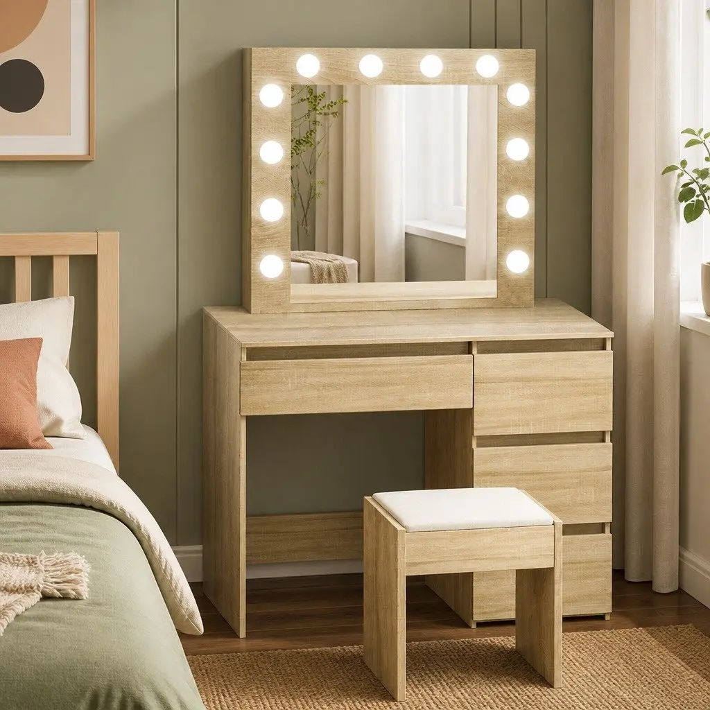 Dressing Table Vanity Set MDF Oak 94cm x 43cm x 140cm with LED Mirror and Stool