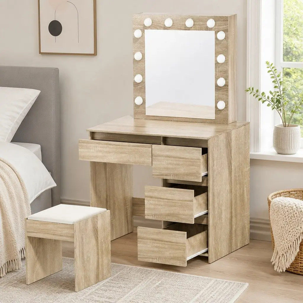 Dressing Table Vanity Set MDF Oak 94cm x 43cm x 140cm with LED Mirror and Stool