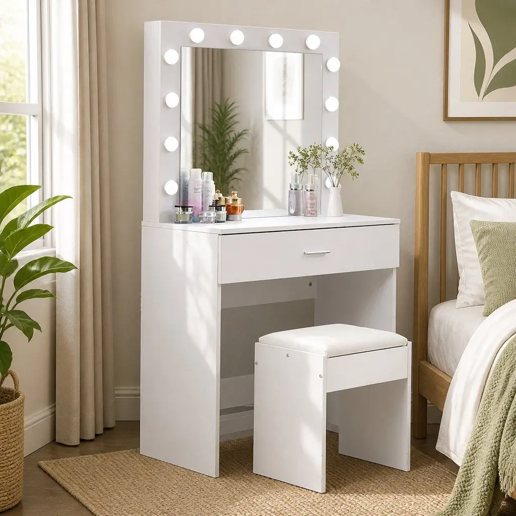 Dressing Table Set with LED Mirror and Padded Stool