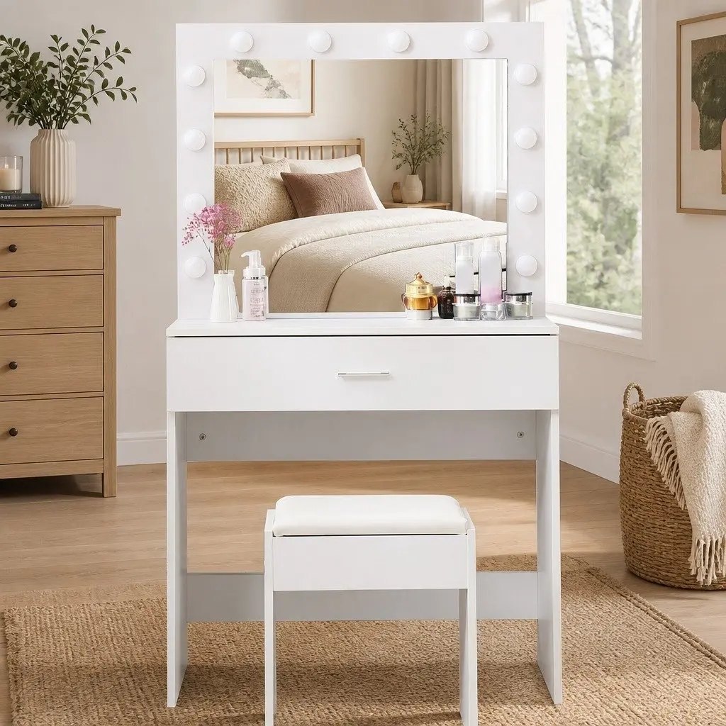 Dressing Table Set with LED Mirror and Padded Stool