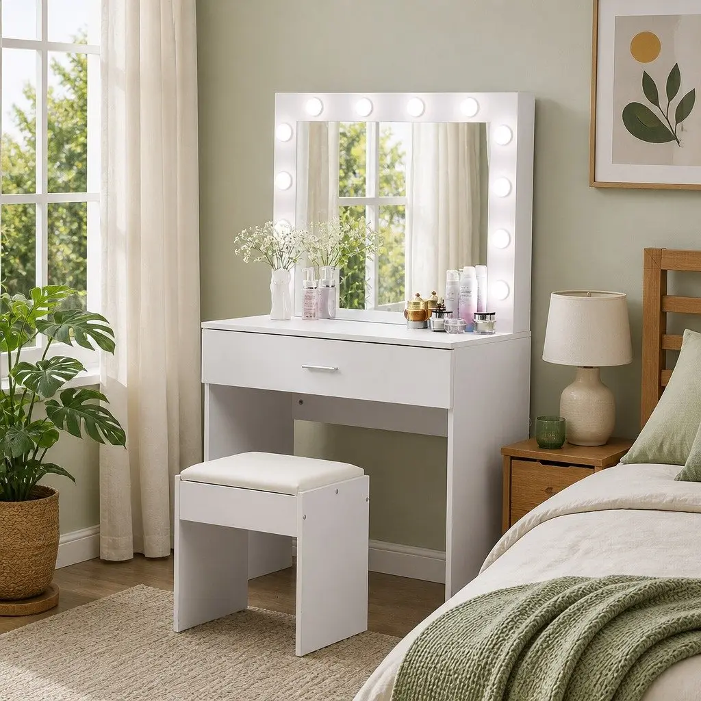 Dressing Table Set with LED Mirror and Padded Stool