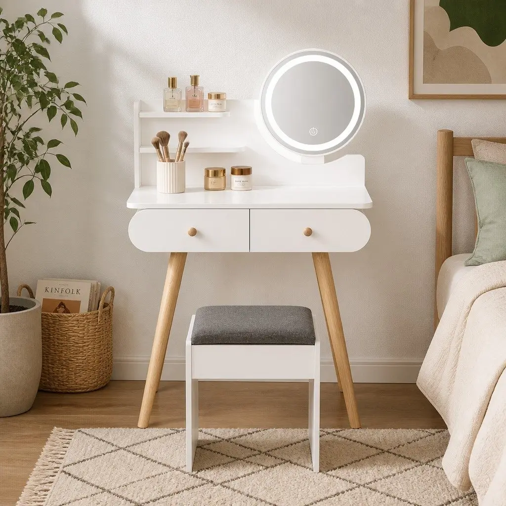 Dressing Table with LED Mirror and Padded Stool