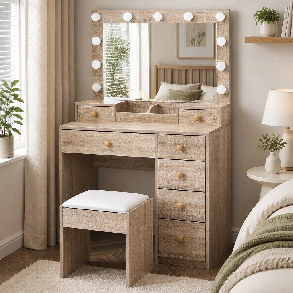 LED Makeup Vanity Table with Stool and Storage