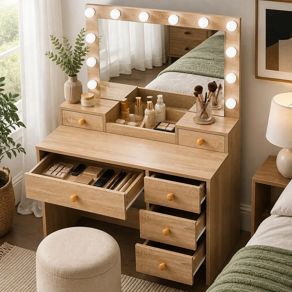 LED Makeup Vanity Table with Stool and Storage