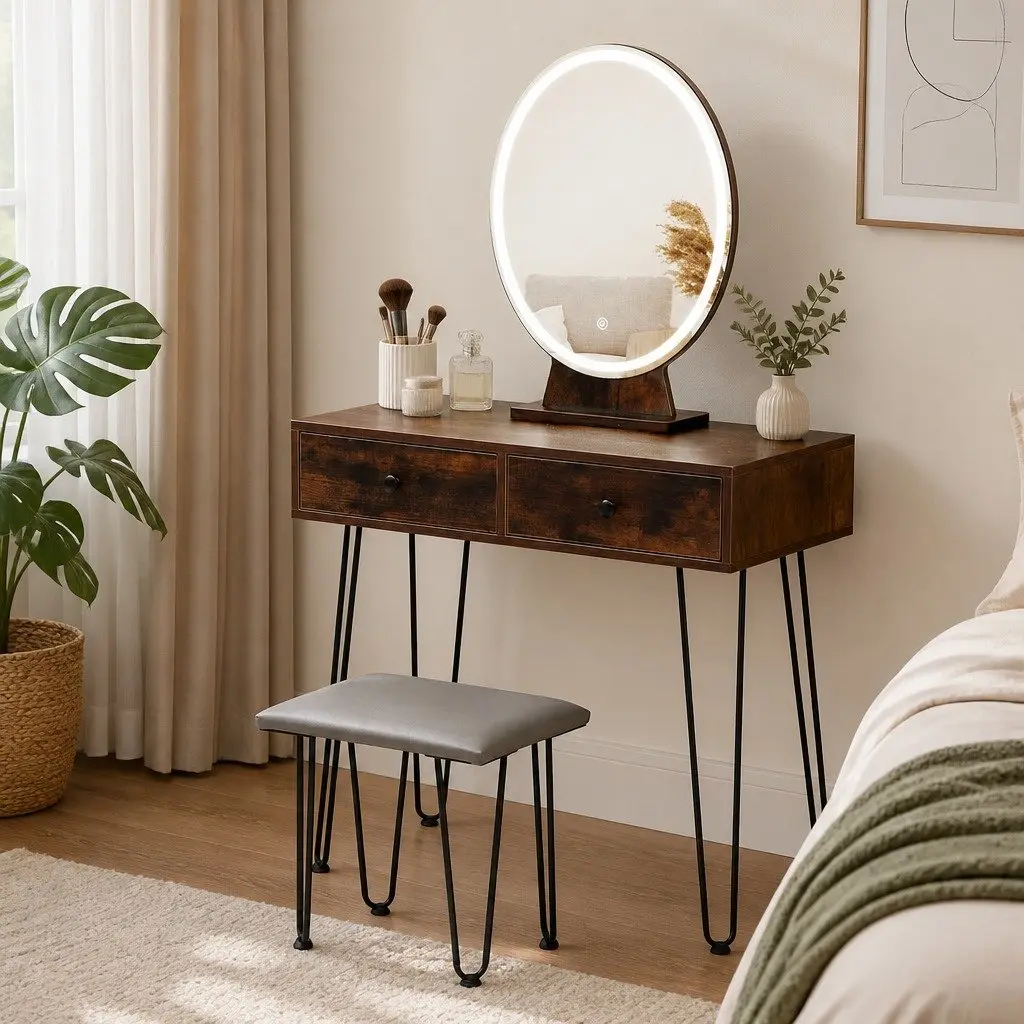 LED Light Strip Mirror Vanity Makeup Dressing Table with Stool