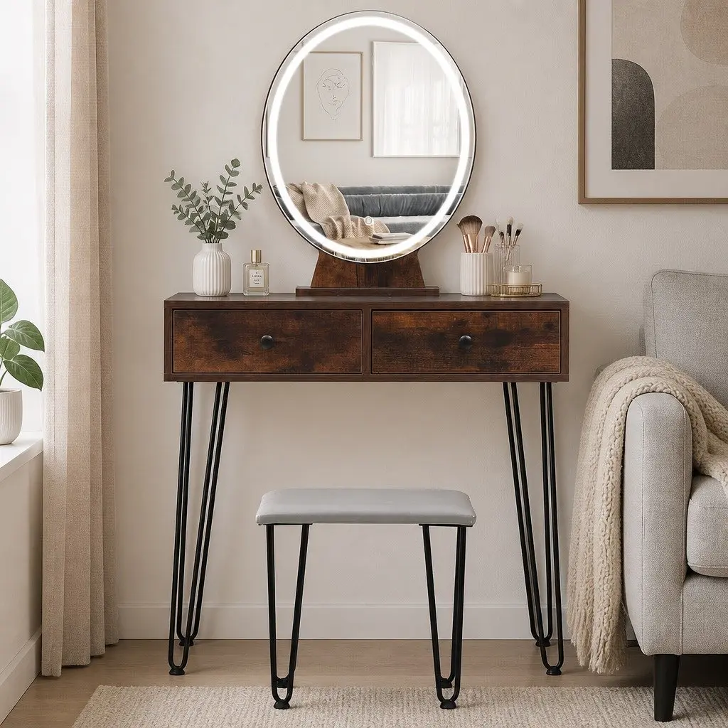 LED Light Strip Mirror Vanity Makeup Dressing Table with Stool
