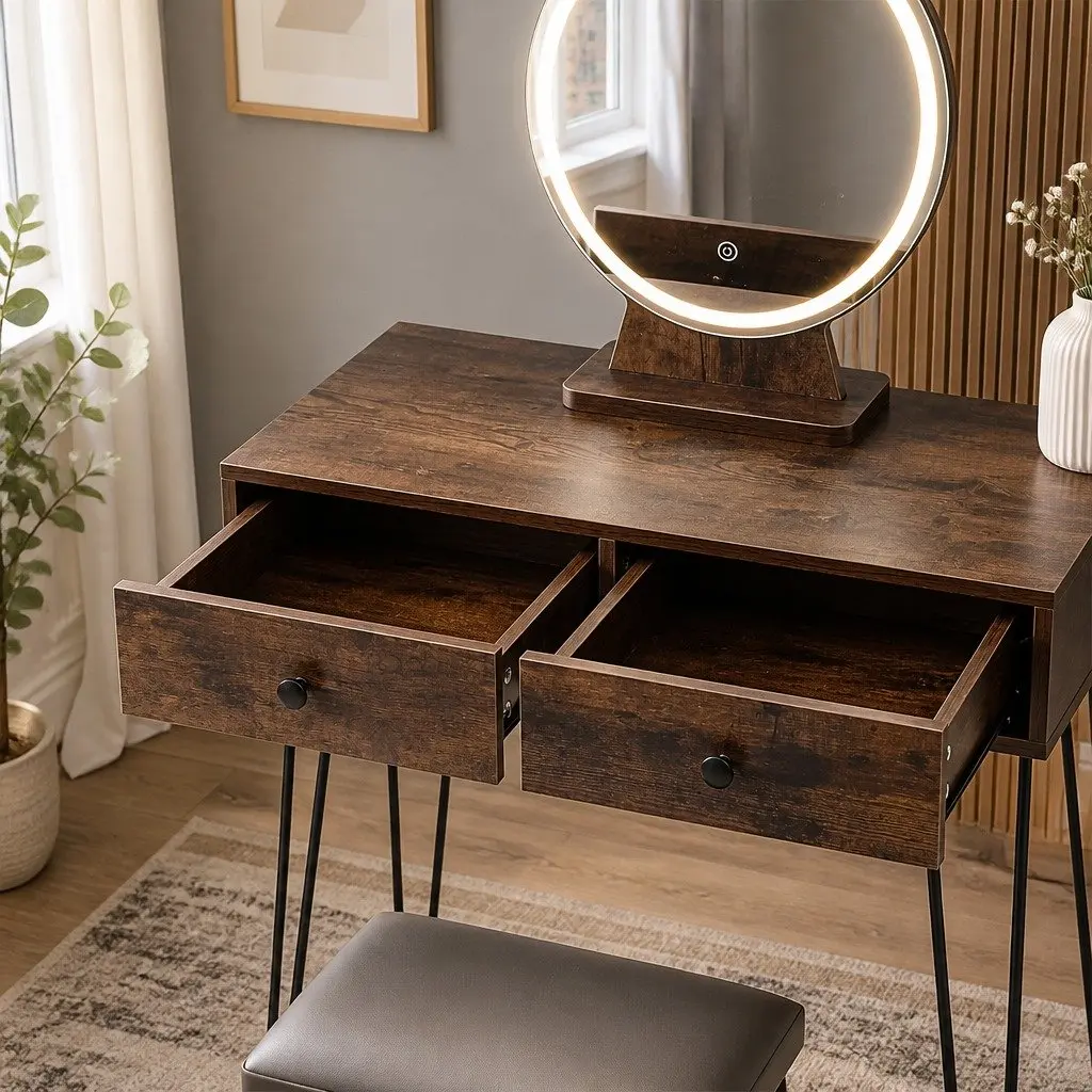 LED Light Strip Mirror Vanity Makeup Dressing Table with Stool