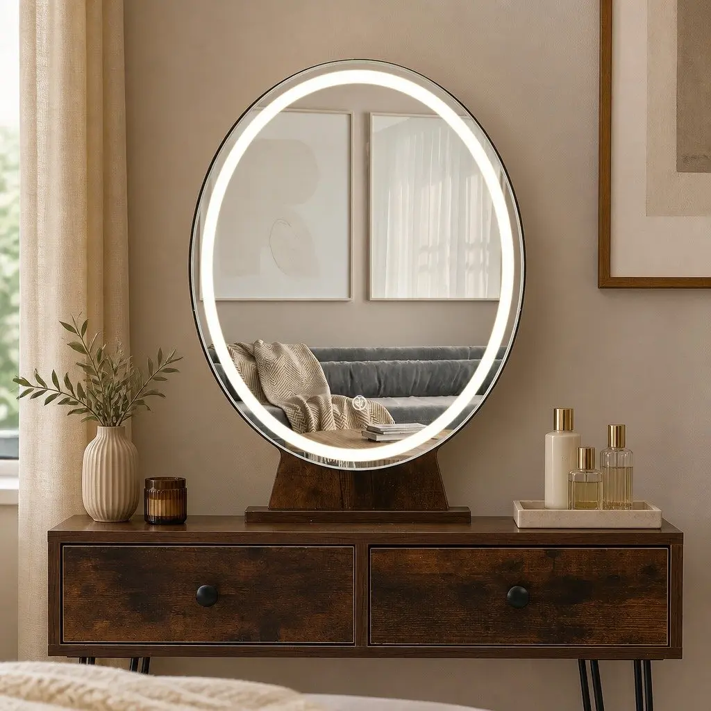 LED Light Strip Mirror Vanity Makeup Dressing Table with Stool