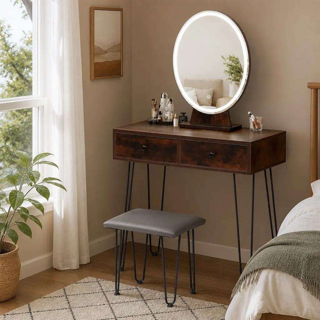 LED Light Strip Mirror Vanity Makeup Dressing Table with Stool