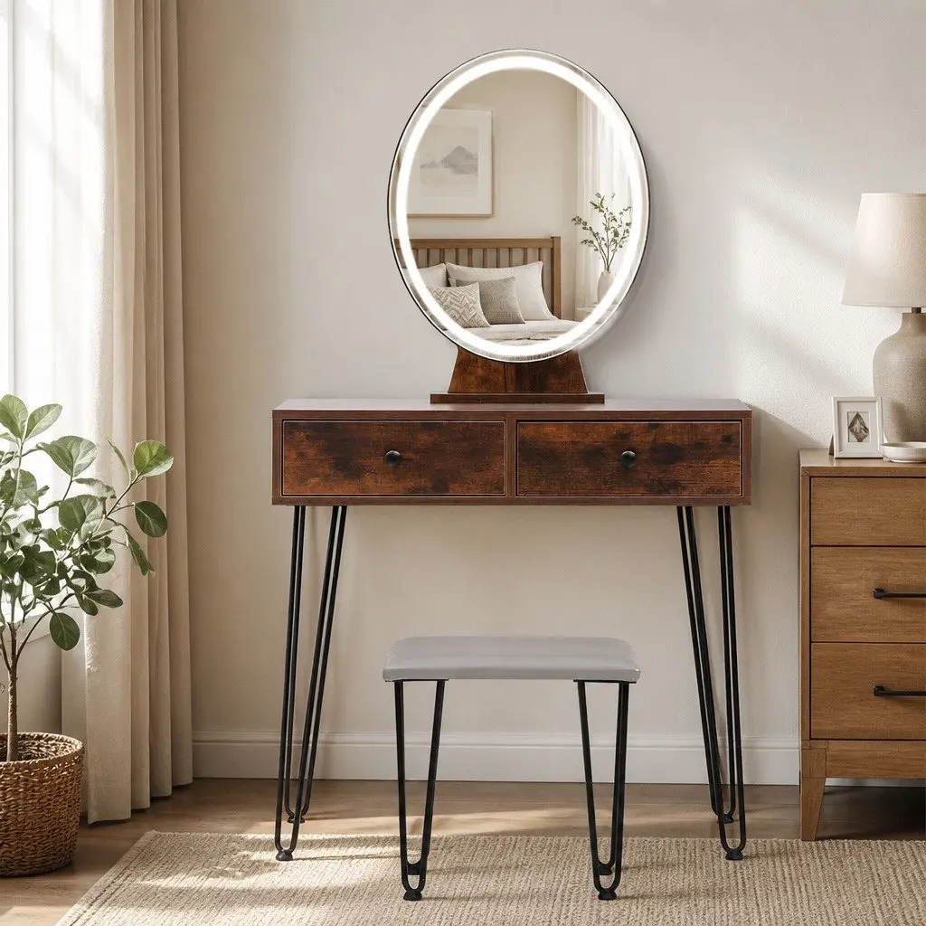LED Light Strip Mirror Vanity Makeup Dressing Table with Stool