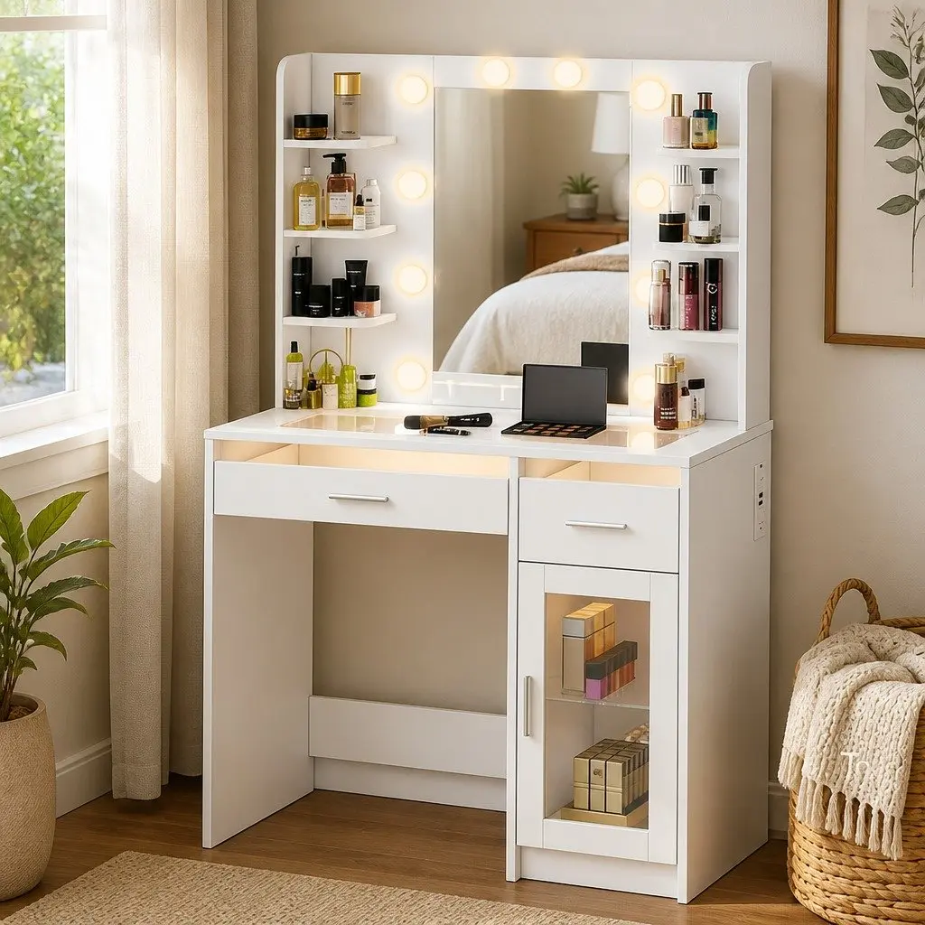 Vanity Desk with LED Lighting and Storage