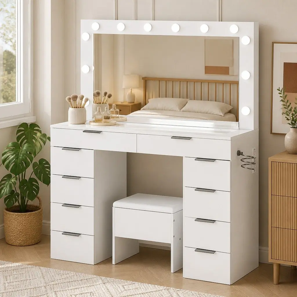 LED Makeup Mirror and Stool Set with Storage