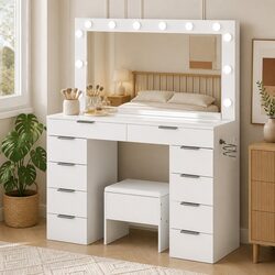 Stylish LED Makeup Mirror and Stool Set with Storage