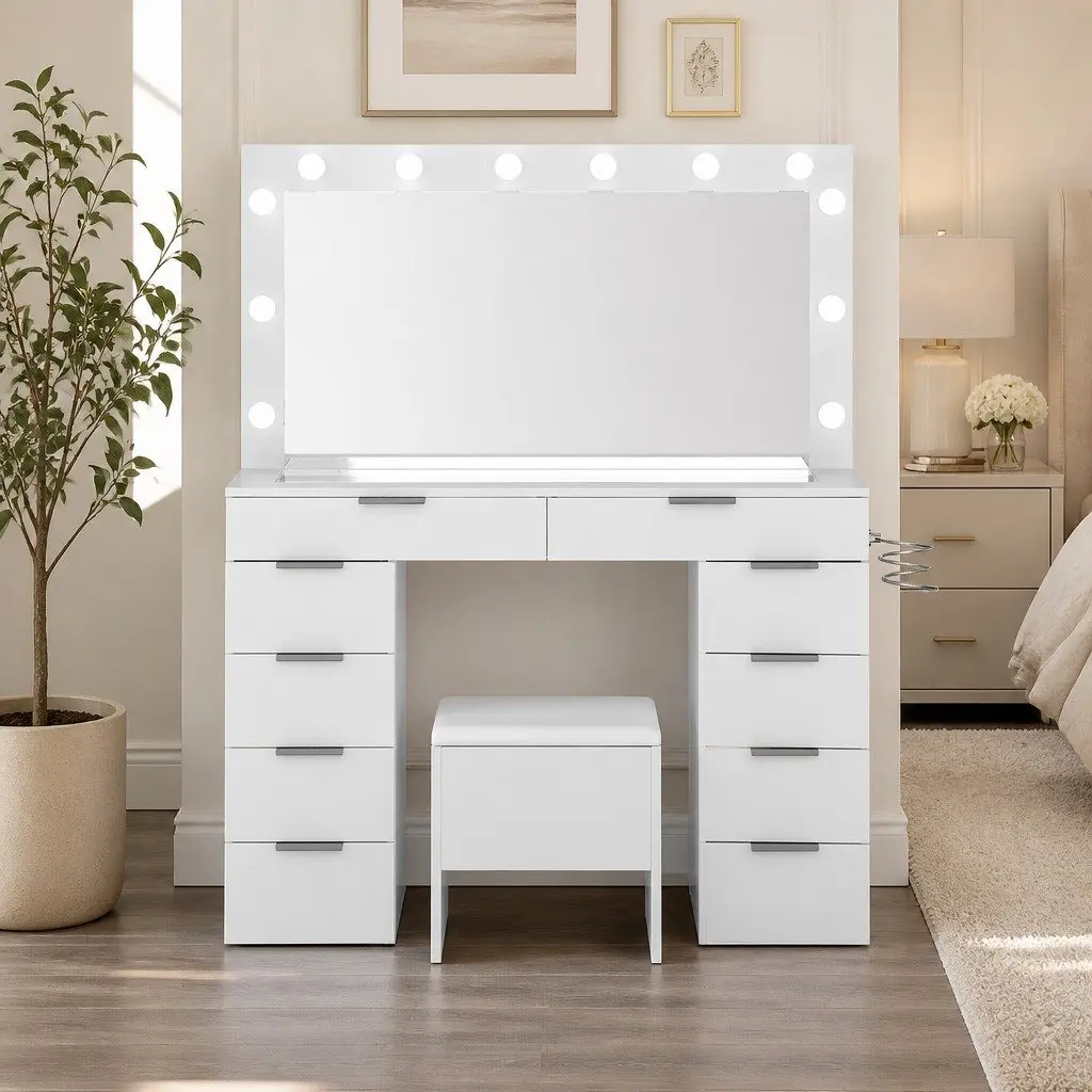 LED Makeup Mirror and Stool Set with Storage