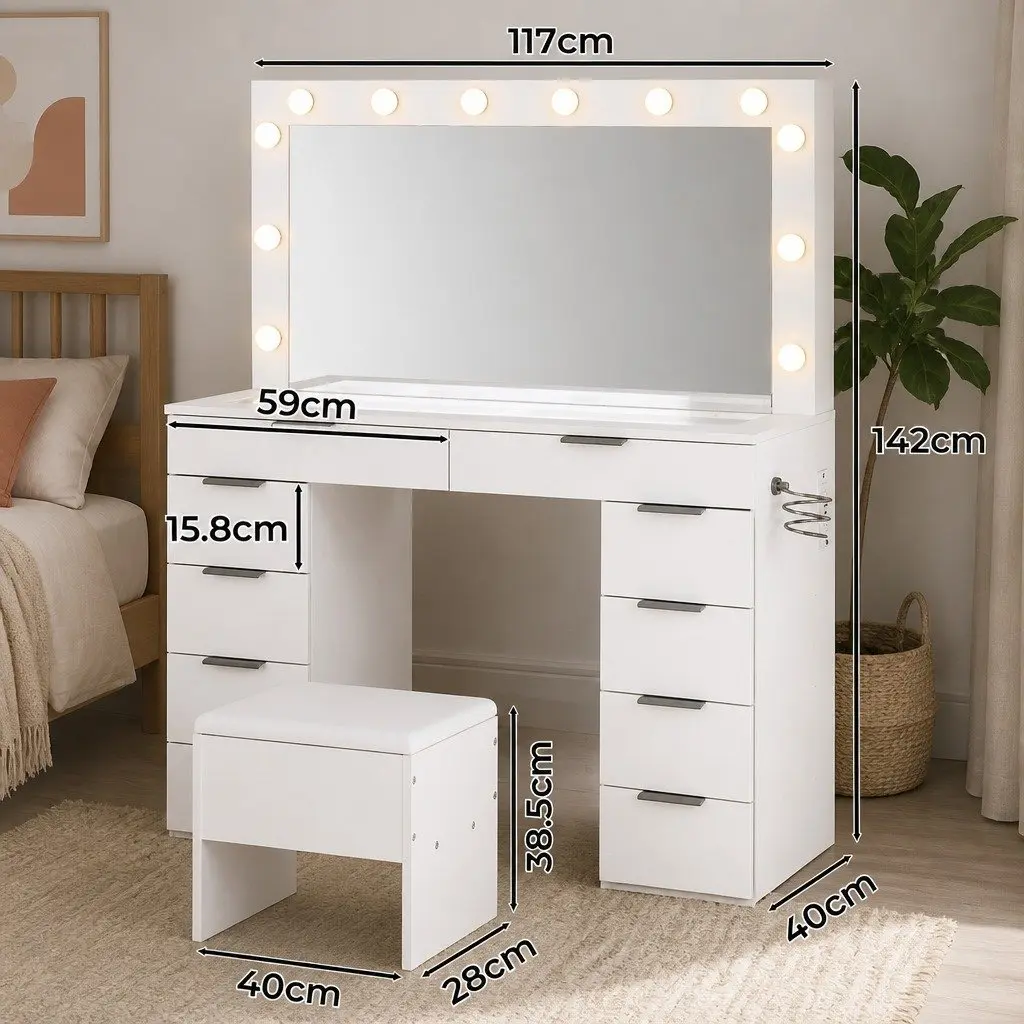 LED Makeup Mirror and Stool Set with Storage