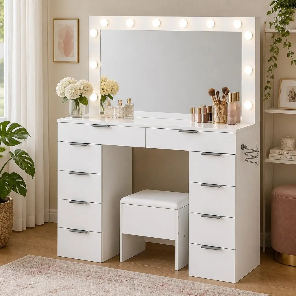 LED Makeup Mirror and Stool Set with Storage