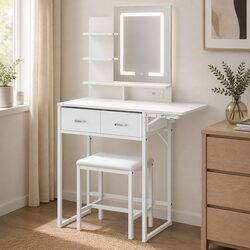 Dressing Table LED Makeup Mirror Vanity Desk Foldable Panel Stool Set White