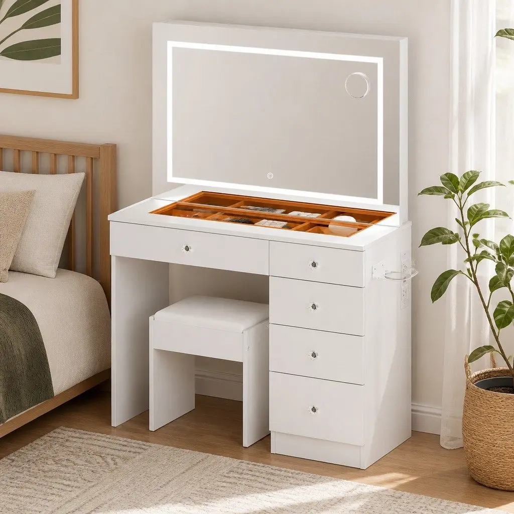 LED Vanity Desk with Makeup Mirror and Stool Set