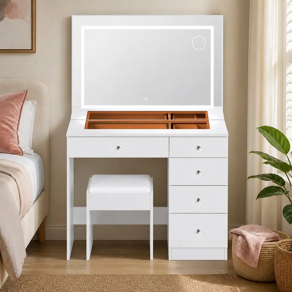 LED Vanity Desk with Makeup Mirror and Stool Set