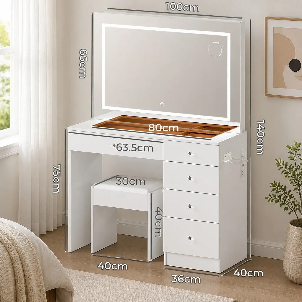 LED Vanity Desk with Makeup Mirror and Stool Set