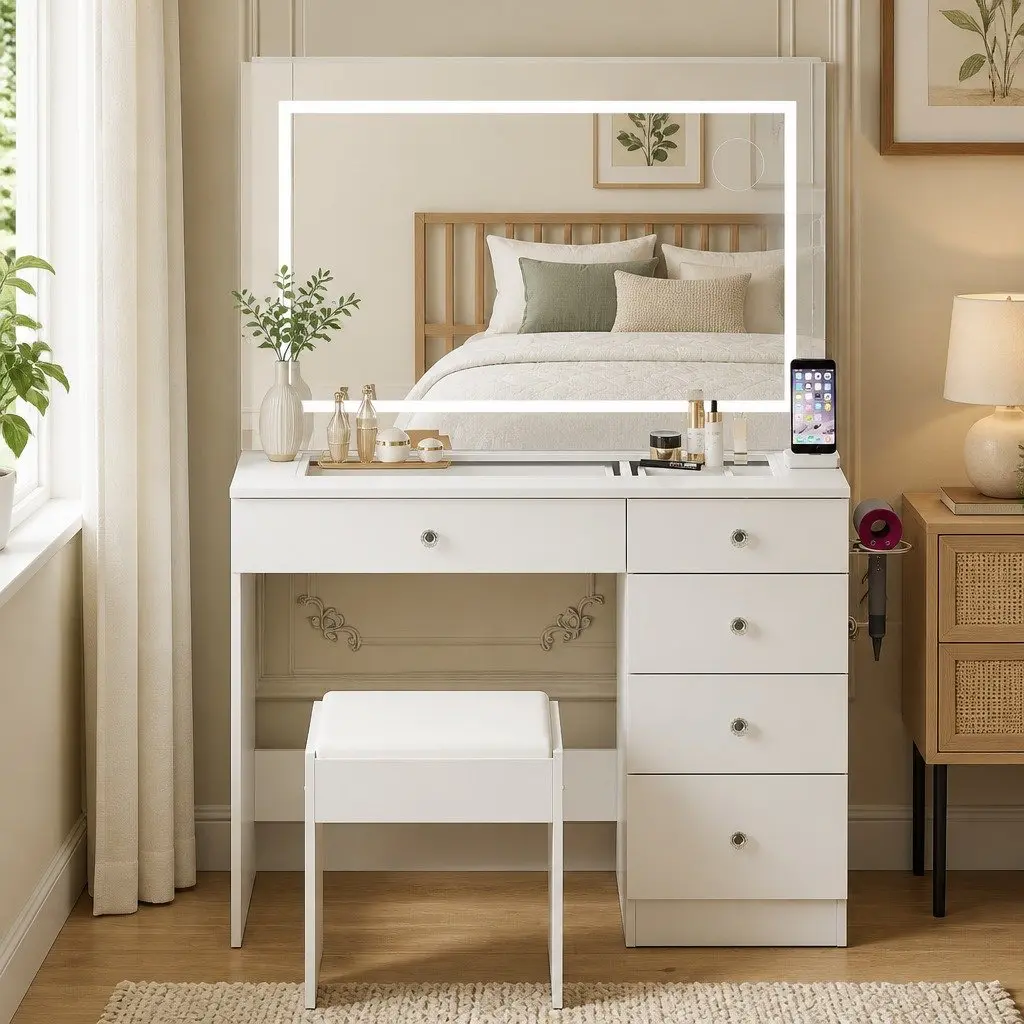 LED Vanity Desk with Makeup Mirror and Stool Set