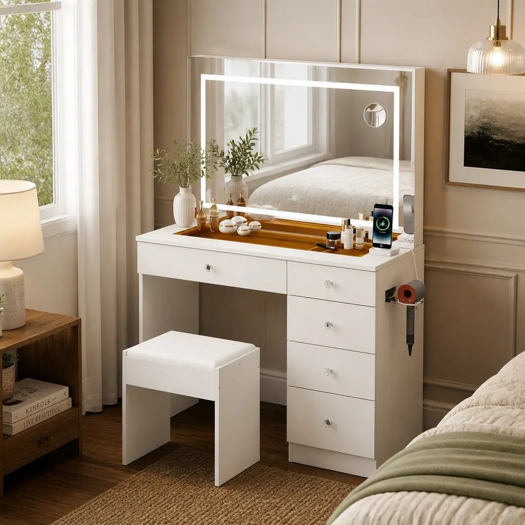 LED Vanity Desk with Makeup Mirror and Stool Set