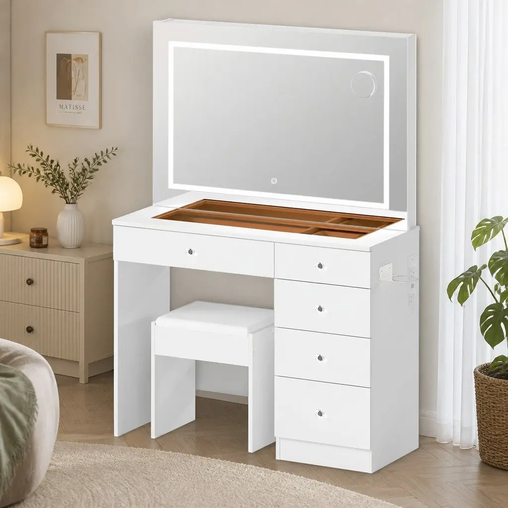 LED Vanity Desk with Makeup Mirror and Stool Set