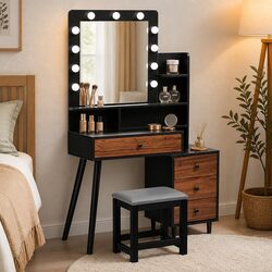 LED Mirror Dressing Table and Stool Set with Storage