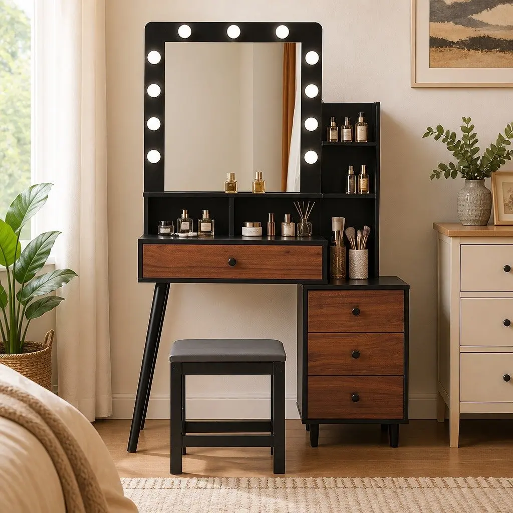 LED Mirror Dressing Table and Stool Set with Storage