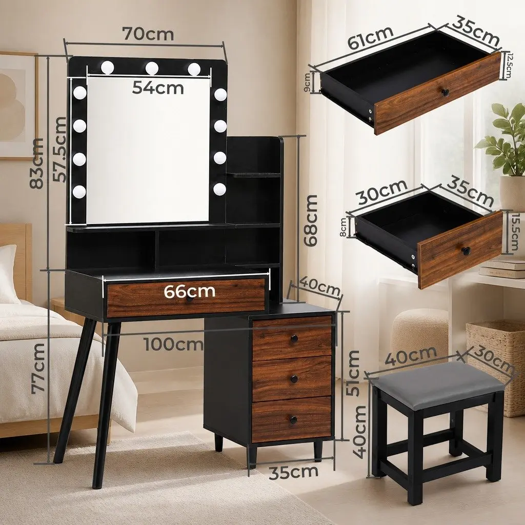 LED Mirror Dressing Table and Stool Set with Storage