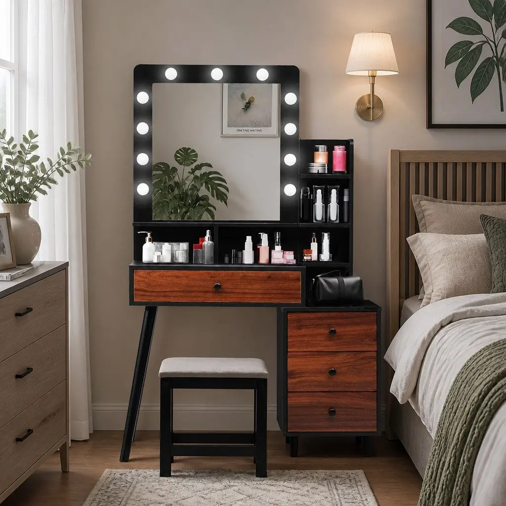 LED Mirror Dressing Table and Stool Set with Storage