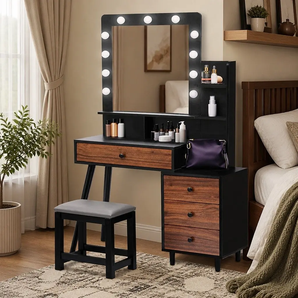 LED Mirror Dressing Table and Stool Set with Storage