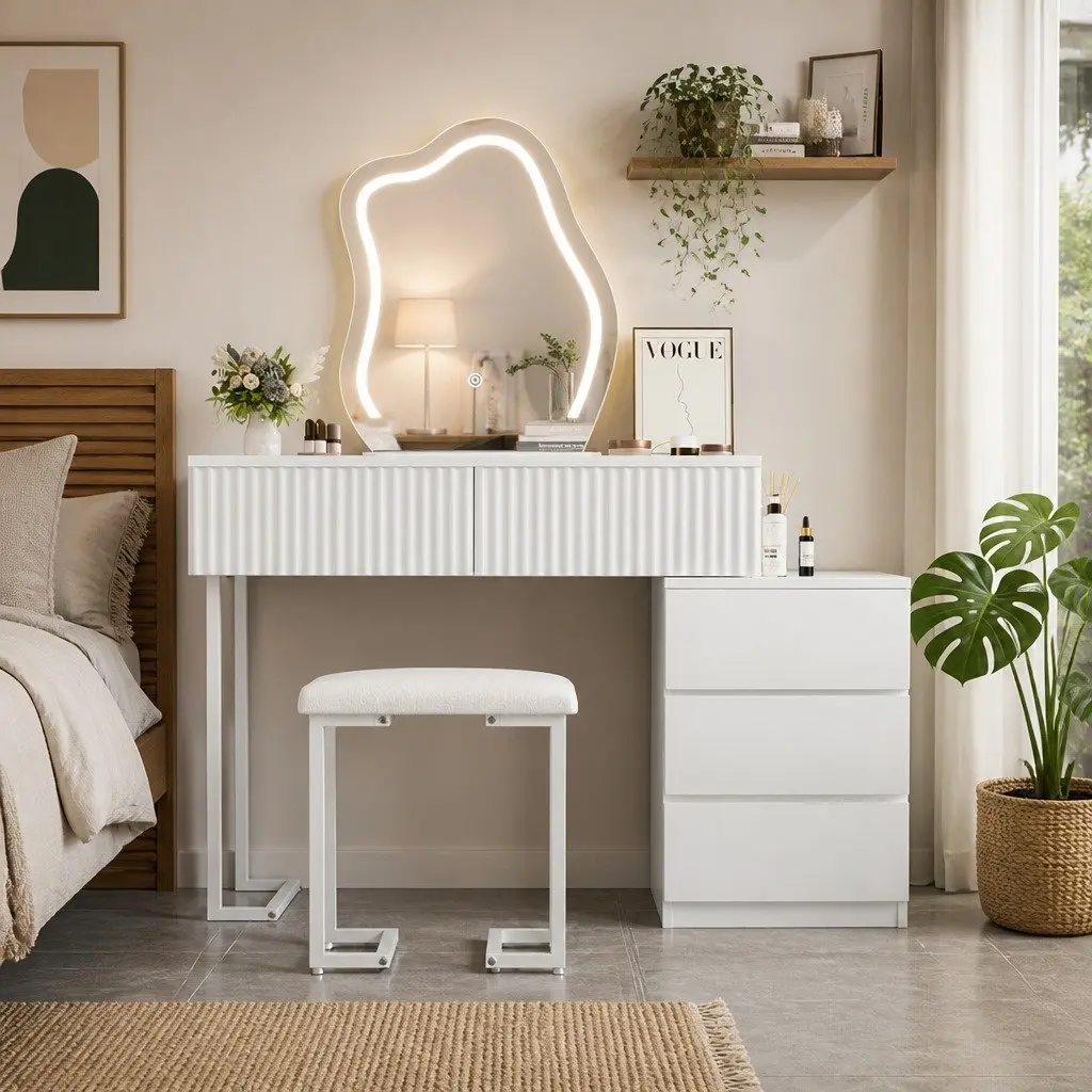 LED Mirror Dressing Table Set with Storage and Stool