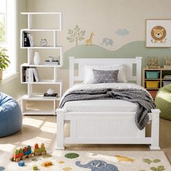 King Single Bed Frame with S-Shape Display Bookshelf Storage Bedroom Set White